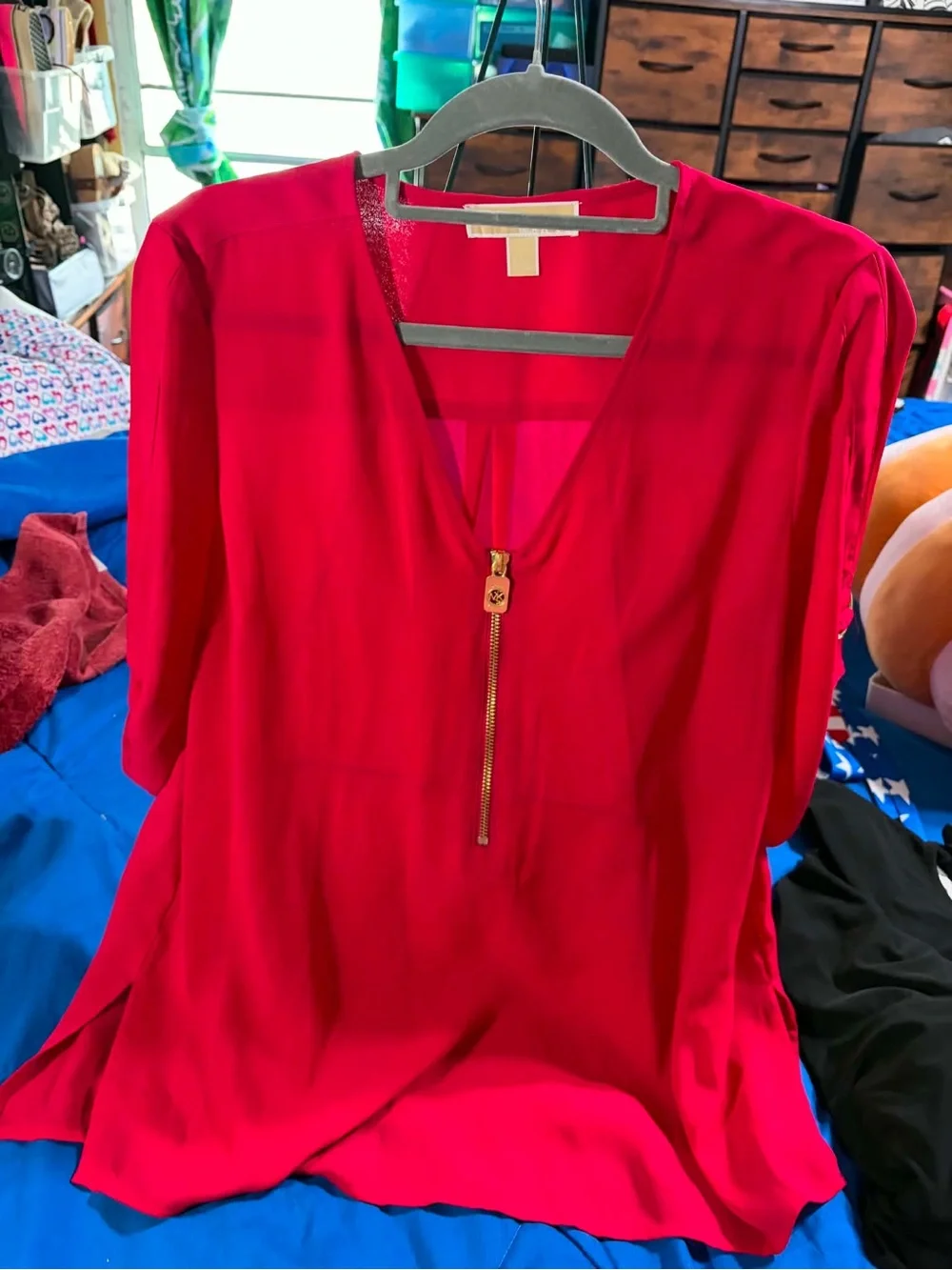 Vibrant Red Zip-Front Blouse